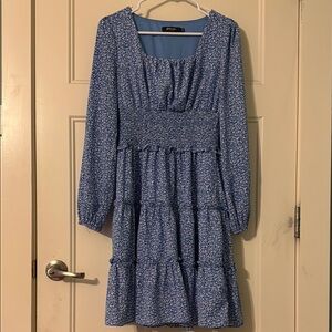 Nasty Gal Blue and White Floral Tiered Dress with Bishop Sleeves